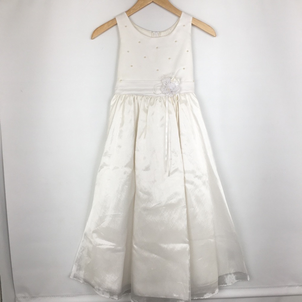 First Communion Dress White Sheer Satin Overlay Tank Pearl Flower Appliqué Sz 10 - Picture 2 of 16